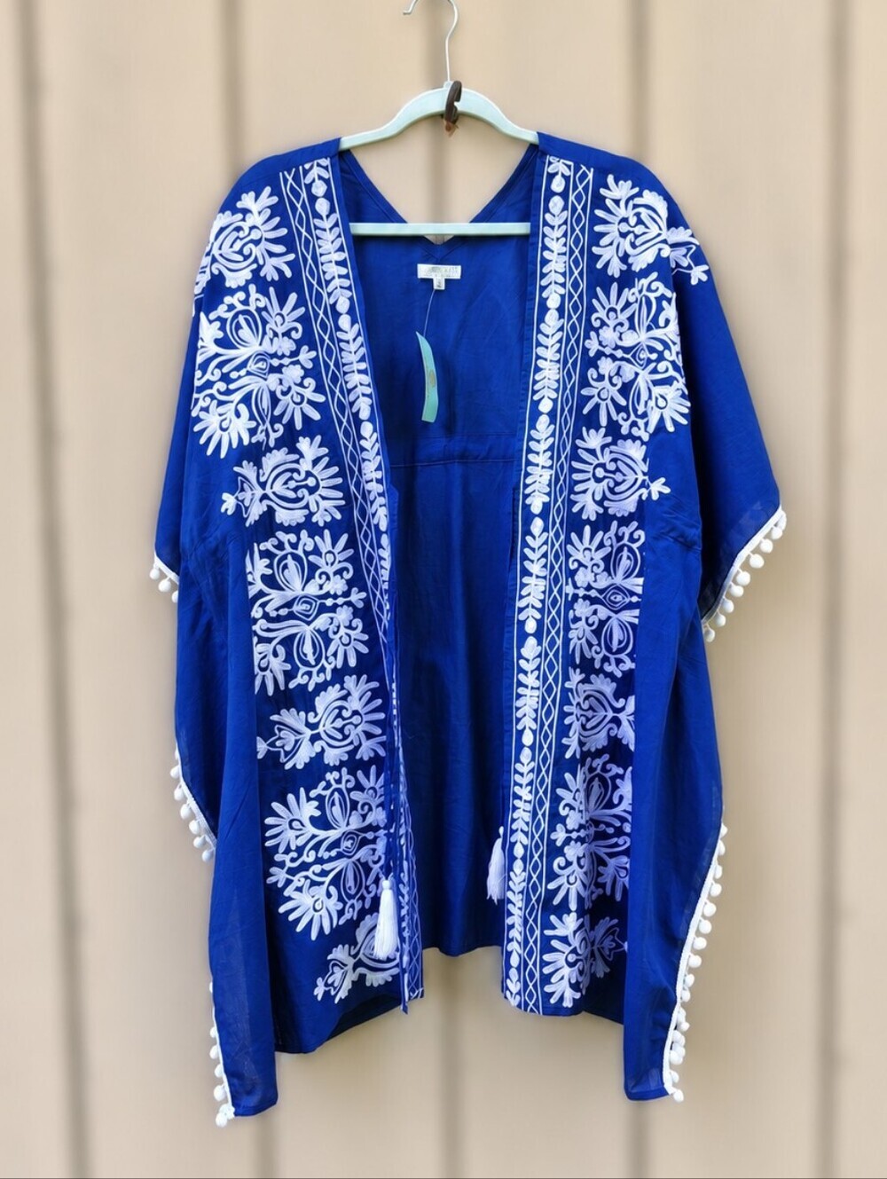 Debbie Katz Embroidered Cotton Swim Cover Up Small Blue White Pom Pom Tassel Tie - Picture 2 of 8